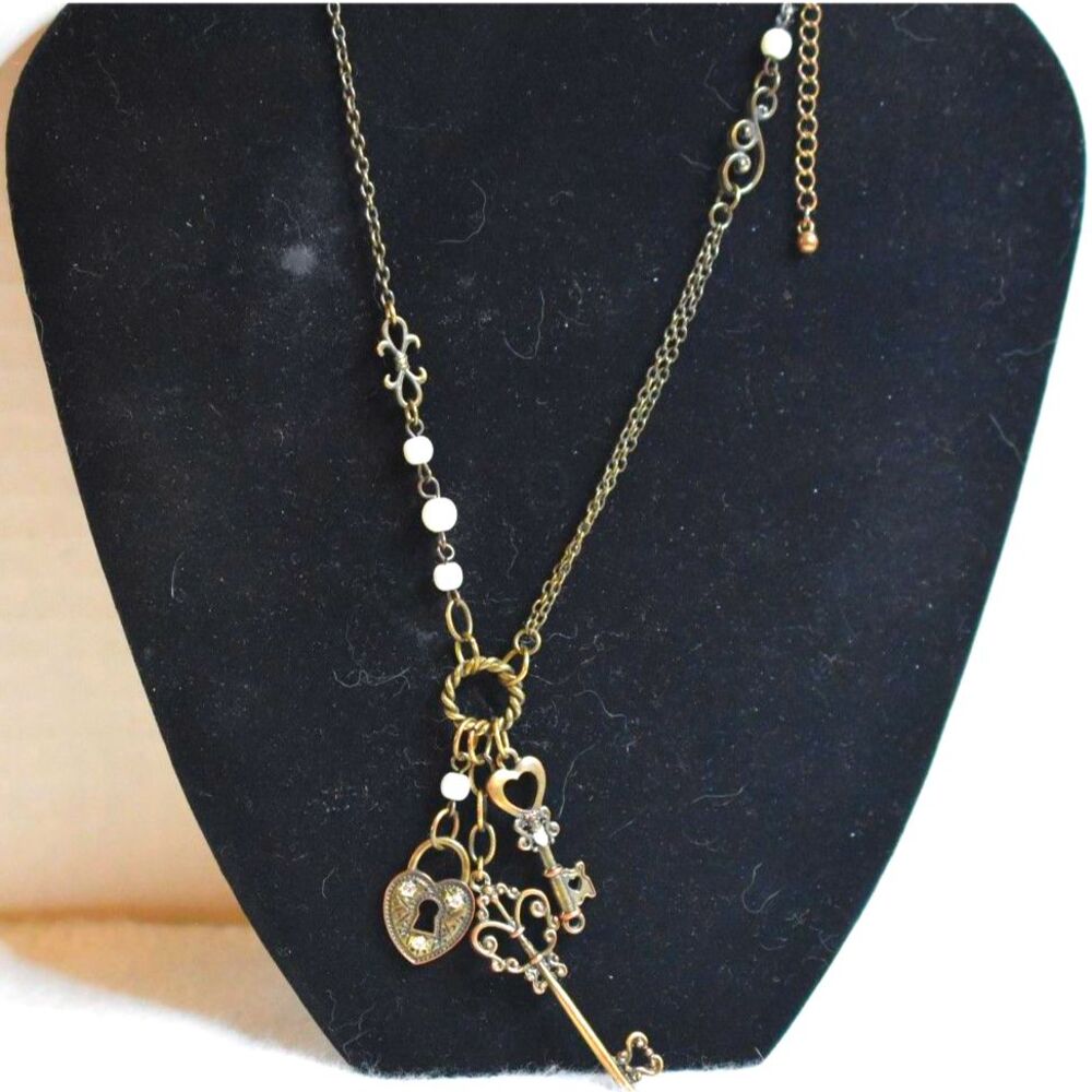 Victorian Lock & Keys Rhinestone/Pearl Accent Brass Tone Single Strand Necklace